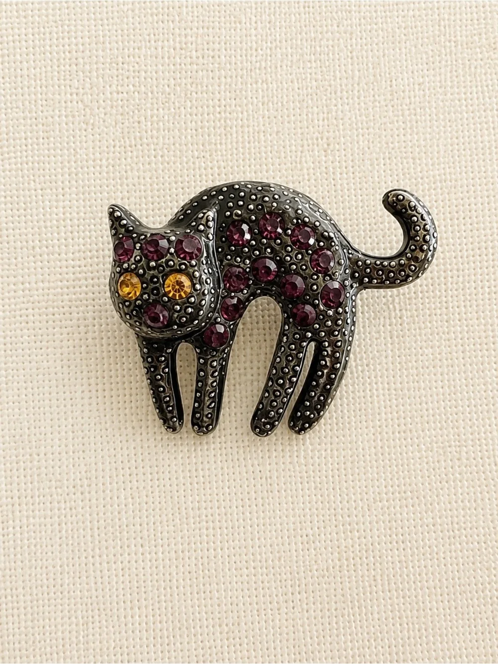 Vintage Black Cat Brooch Pin Purple Rhinestones Amber Eyes Halloween Jewelry
